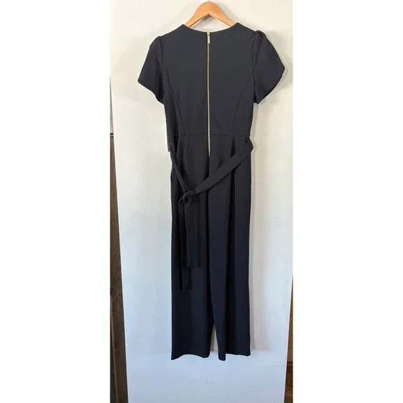 Calvin Klein Size 8 Black Crepe Puff Sleeve Belted Jumpsuit Straight Leg Classic - Picture 2 of 7
